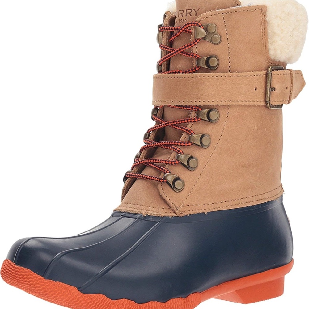 Sperry SHEARWATER Tan Navy Leather Rubber Duck Boots Size 7M Women's